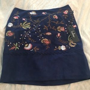 Lulu's Blue Suede Embroidered Skirt